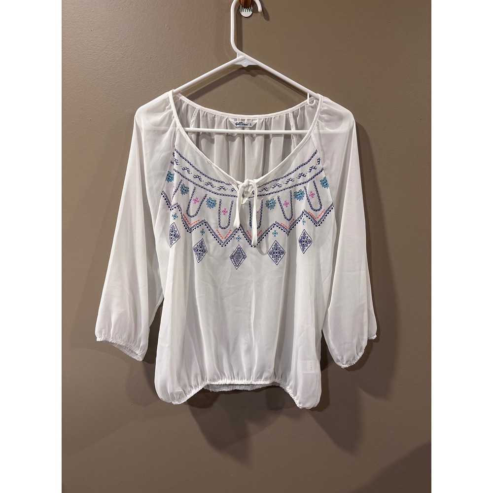 WallFlower White Embroidered Peasant Blouse Tie Neck Boho Top Large